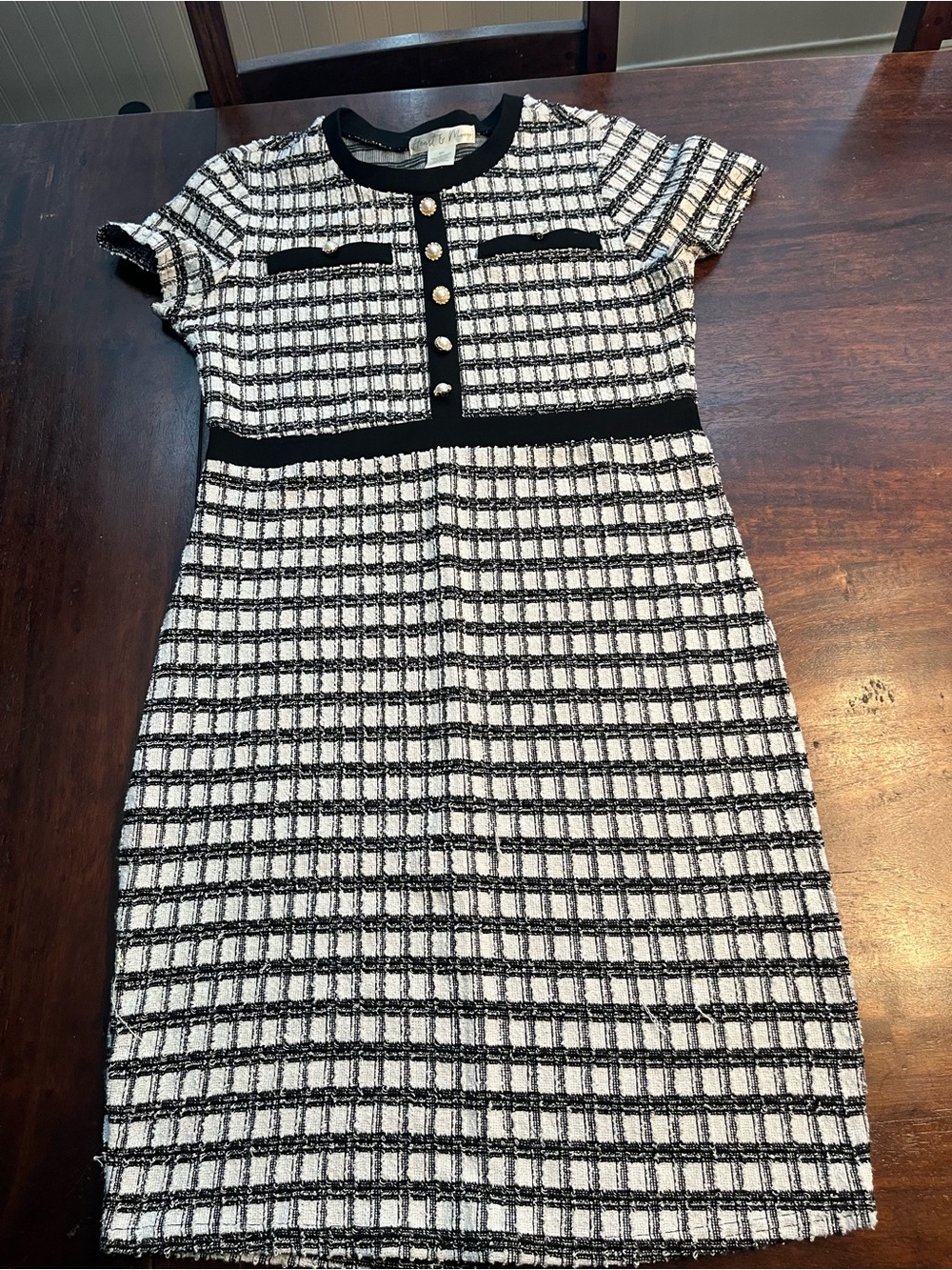 Black & White Tweed Mini Dress with Gold Buttons - Brand Unspecified